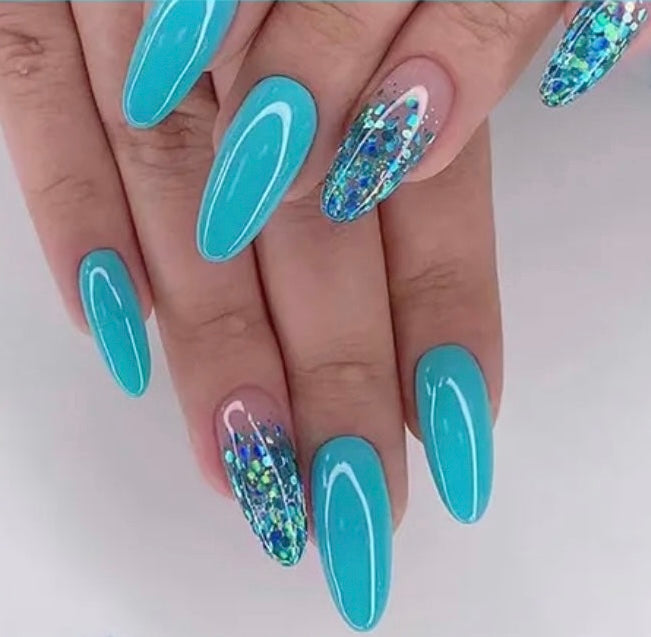 Turquoise & Pale Pink with Turquoise Glitter - Almond #W1000