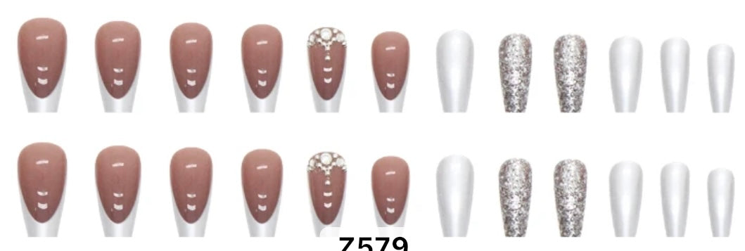 Pearl White, White Tips, Silver Glitter & Jewels - Coffin #Z579