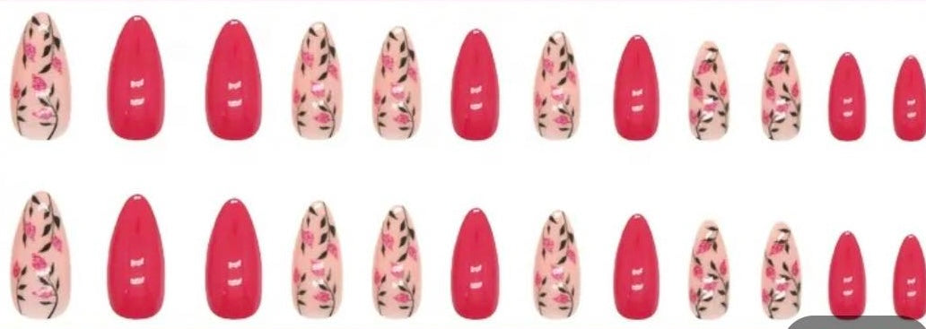 Dark Pink & Cream with Pink Flowers & Green Leaves - Almond #W447