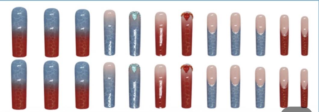 Harley Quinn Theme  - Blue & Red TIps - Long Square Nails