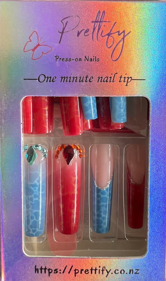 Harley Quinn Theme - Blue & Red TIps - Long Square Nails