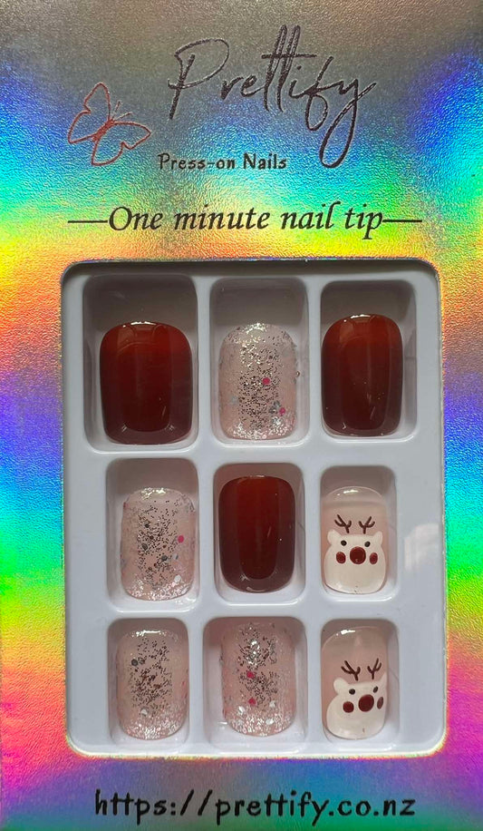 Christmas Theme - Dark Red, Glitter, White Stripes & Reindeers - Square #R618