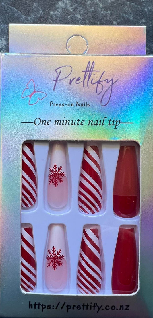 Christmas Theme - White Tips & Red & White Stripes & Snowflakes - Coffin #SD006