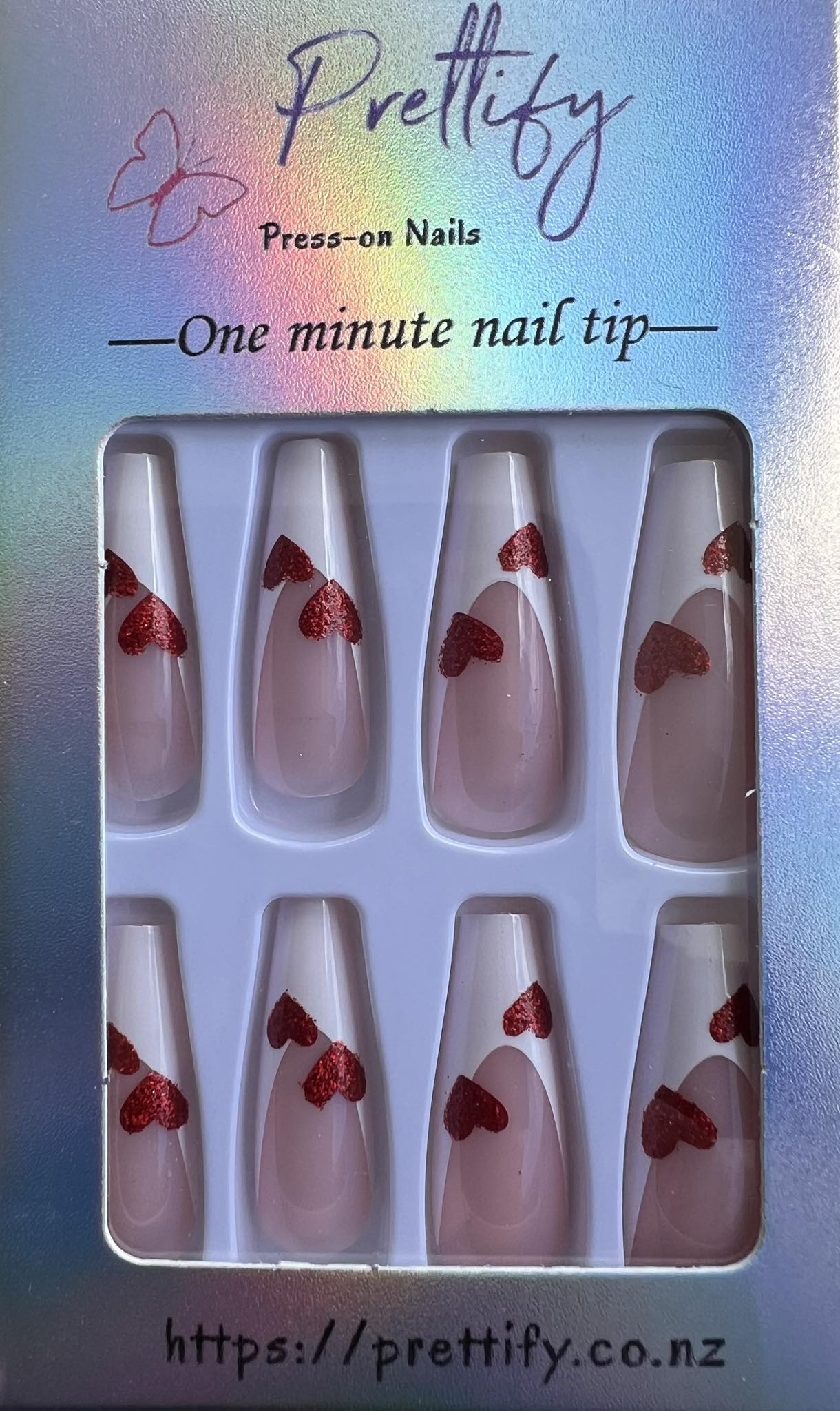 White Tips with Red Hearts - Coffin Nails.