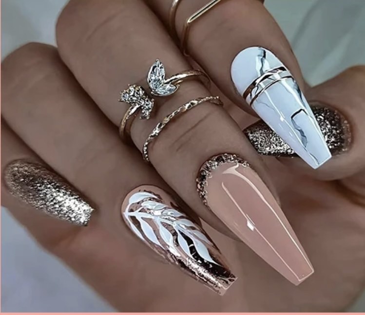 Gold Glitter, Mocha & White Marble & Gold - Coffin Press on Nails.