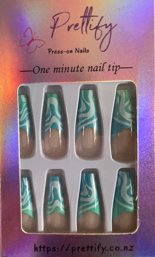 Blue & Green Swirl Tips - Coffin Press on Nails. 24pcs.