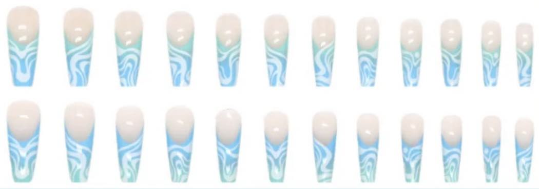Blue & Green Swirl Tips - Coffin Press on Nails. 24pcs.