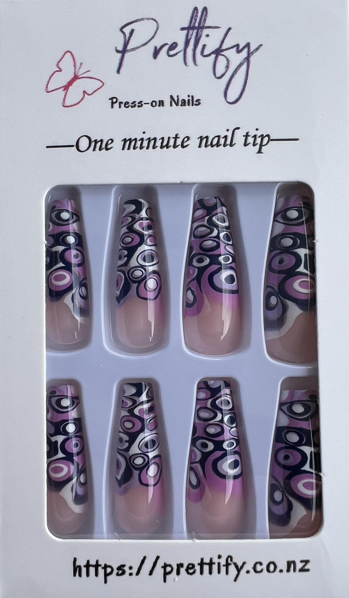 Purple, Pink & White Patterns - Coffin Press on Nails 24pcs.
