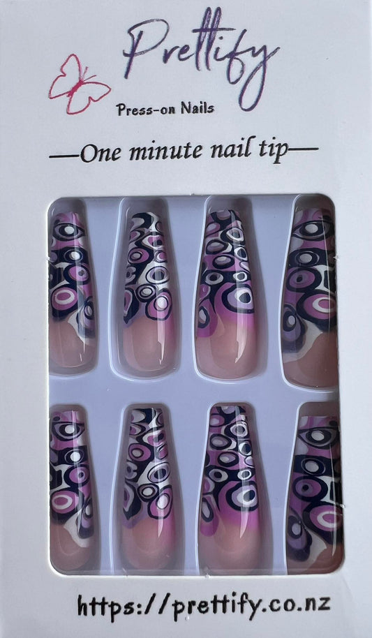 Purple, Pink & White Patterns - Coffin Press on Nails 24pcs.