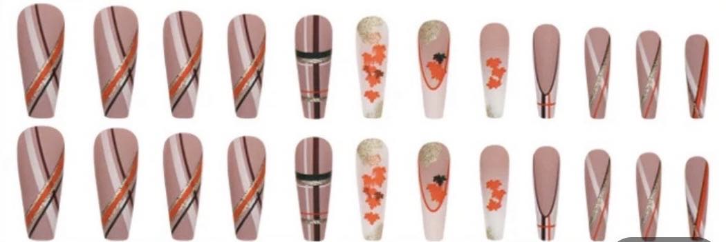 Autumn Theme - White Tips, Autumn Leaves & Stripes - Coffin Press on Nails.