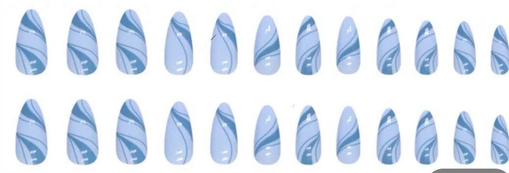 Pale Blue & Dark Blue Swirls - Oval Press on Nails.