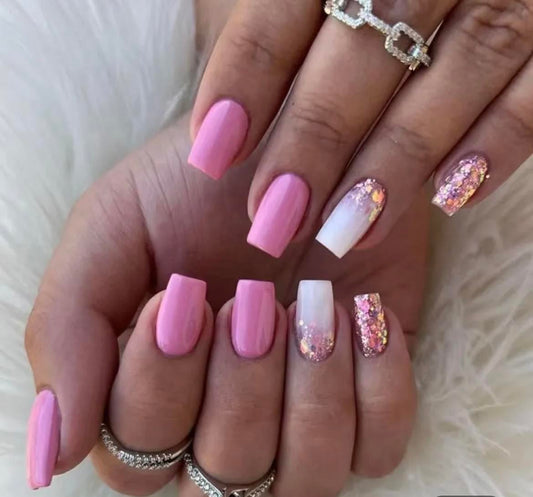 Squoval Press on Nails. Pink, White & Glitter. Durable Acrylic Press on Nails. Easy and quick to apply. Great for those special occasions, parties or add an edge to any outfit. Gorgeous, flattering and you can re-use them again and again.