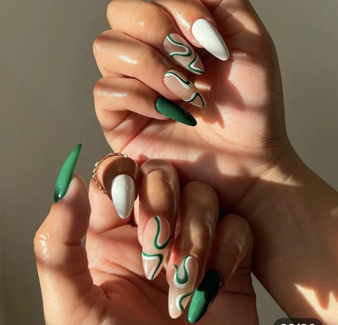 Green & White Swirls - Oval Style Press on Nails.