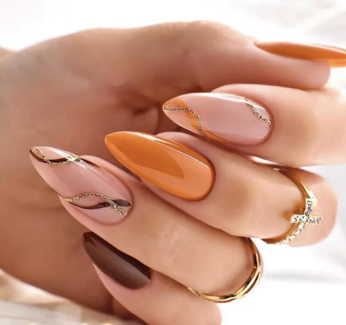 Almond Press on Nails. Orange, Russet Brown & Pale Pink with Swirls. Durable Acrylic Press on Nails. Easy and quick to apply. Great for those special occasions, parties or add an edge to any outfit. Gorgeous, flattering and you can re-use them again and again.