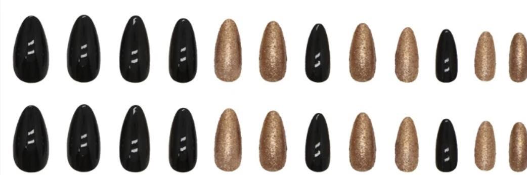 Black & Gold & Gold Glitter - Almond Press on Nails 24 pcs.