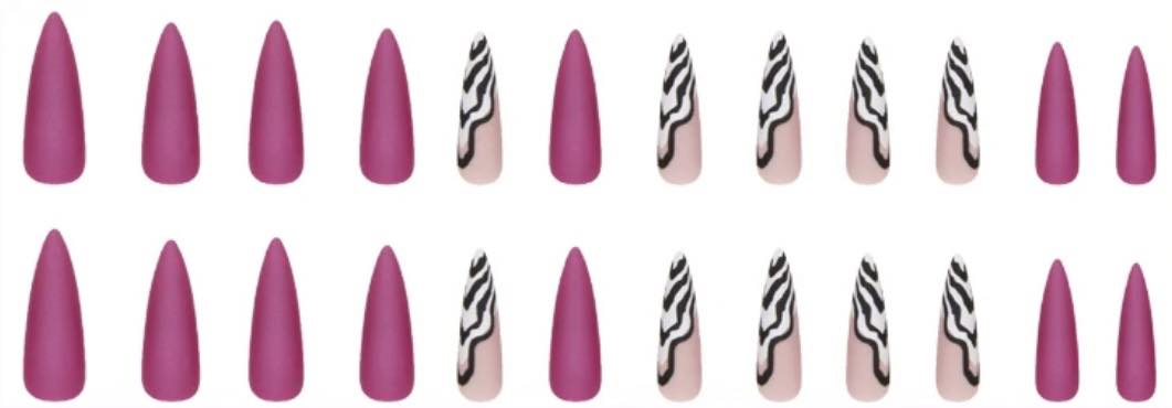 Magenta & Black & White Pattern. Stiletto Press on Nails 24pcs.
