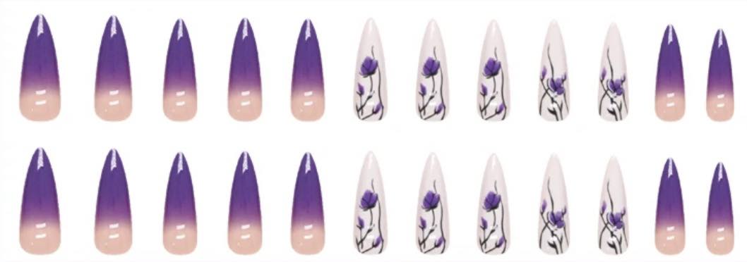 Purple & Lilac & White with Flowers - Stiletto Press on Nails 24pcs.