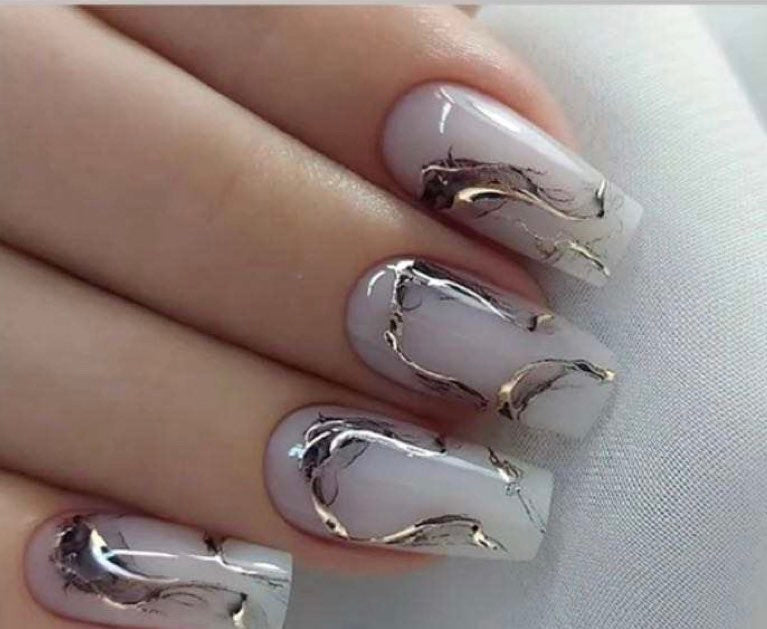 Pearl White with Black & Gold Swirls - Coffin Press on Nails.