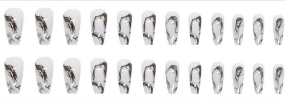 Pearl White with Black & Gold Swirls - Coffin Press on Nails.