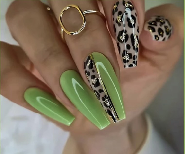 Green & Black & White Leopard Print - Coffin Style Press on Nails