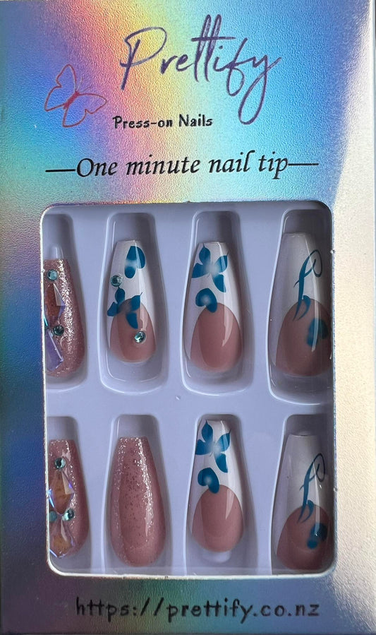 White Tips, Blue Hearts & 3D Kitty - Coffin Press on Nails 24pcs.