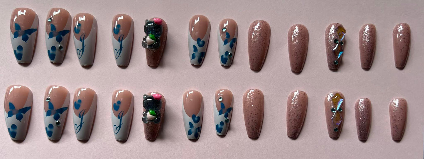 White Tips, Blue Hearts & 3D Kitty - Coffin Press on Nails 24pcs.
