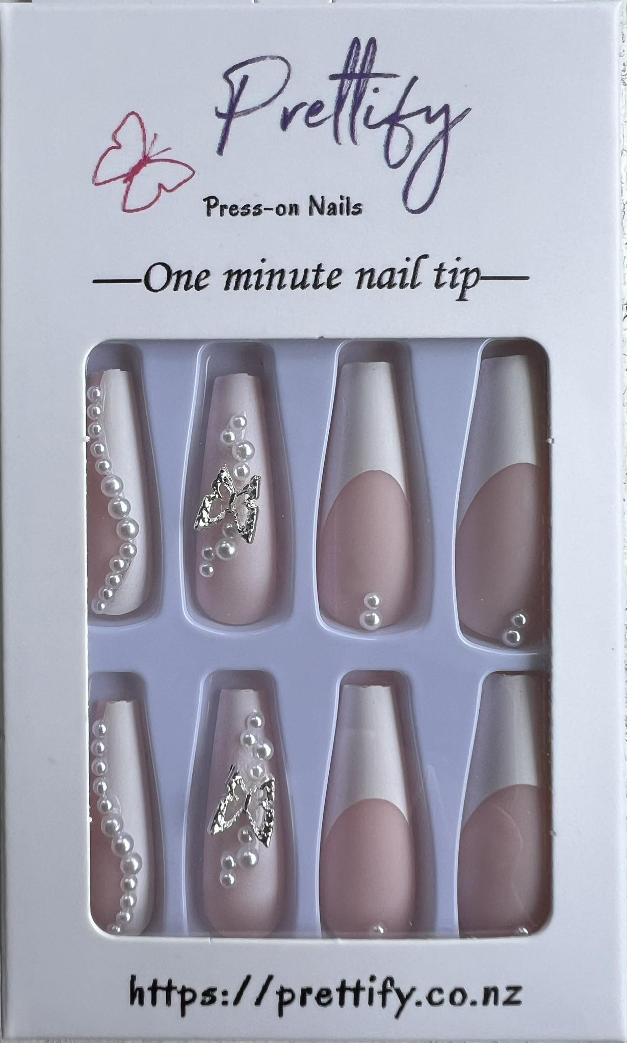White Tips & White with Pearls & Silver Butterflies - Coffin #Z543