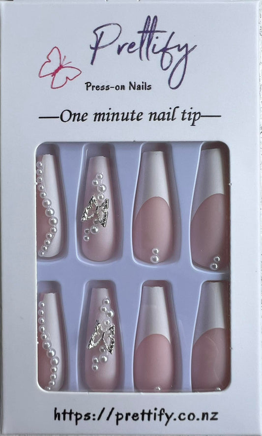 White Tips & White with Pearls & Silver Butterflies - Coffin #Z543