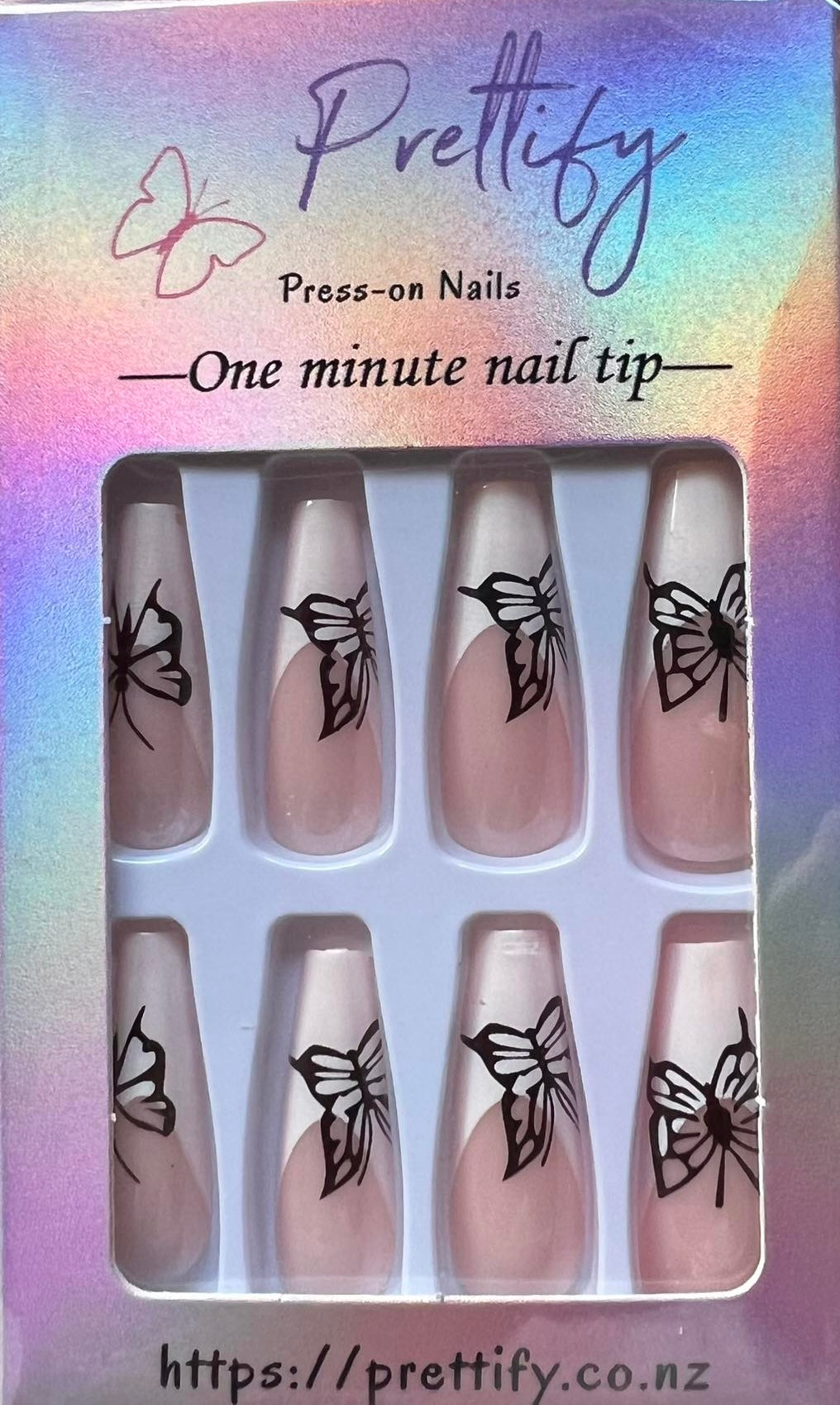 Long Coffin French Tip Press on Nails. White Tips with Butterflies. Easy and quick to apply. Great for those special occasions, parties or add an edge to any outfit. Gorgeous, flattering and you can re-use them again and again.