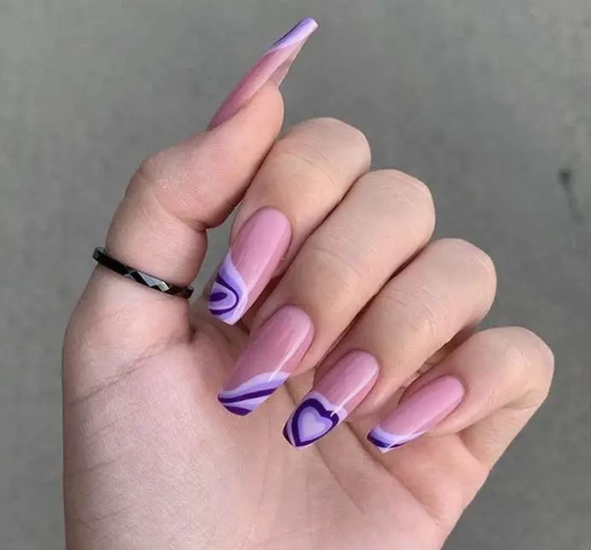 Long Coffin Press on Nails. Pink with Purple Heart. Easy and quick to apply. Great for those special occasions, parties or add an edge to any outfit. Gorgeous, flattering and you can re-use them again and again.