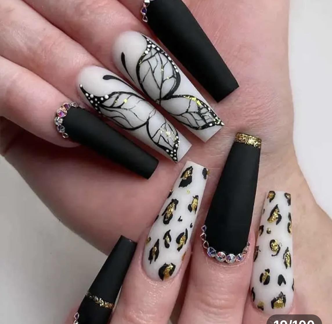 Long Coffin Press on Nails. White, Black & Gold with Butterflies. Easy and quick to apply. Great for those special occasions, parties or add an edge to any outfit. Gorgeous, flattering and you can re-use them again and again.