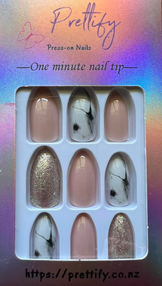Pale Pink, White Marble & Gold Glitter - Almond Press on Nails 24pcs #W284