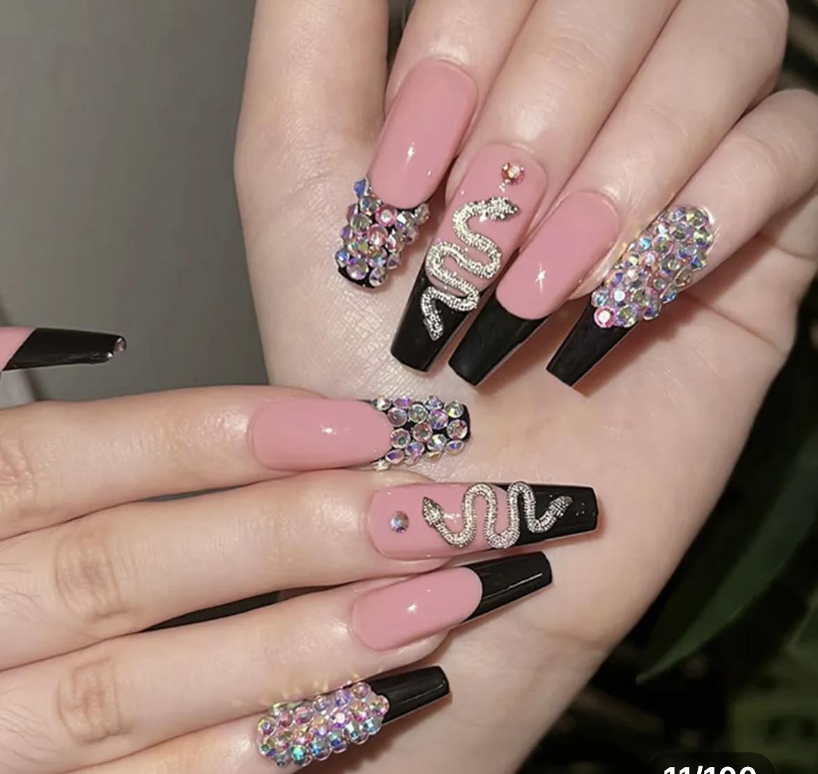 Long Coffin Press on Nails. Pink with Black Tips with Jewels & Jewelled Snake. Easy and quick to apply. Great for those special occasions, parties or add an edge to any outfit. Gorgeous, flattering and you can re-use them again and again.