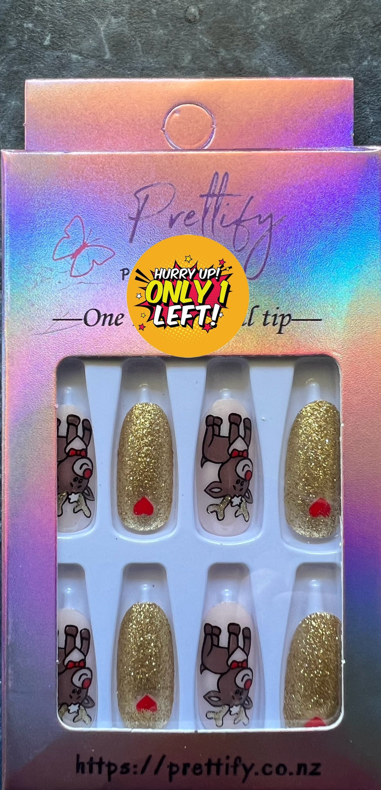 Christmas Theme - Gold Glitter & Reindeer - Oval Press on Nails #SD001