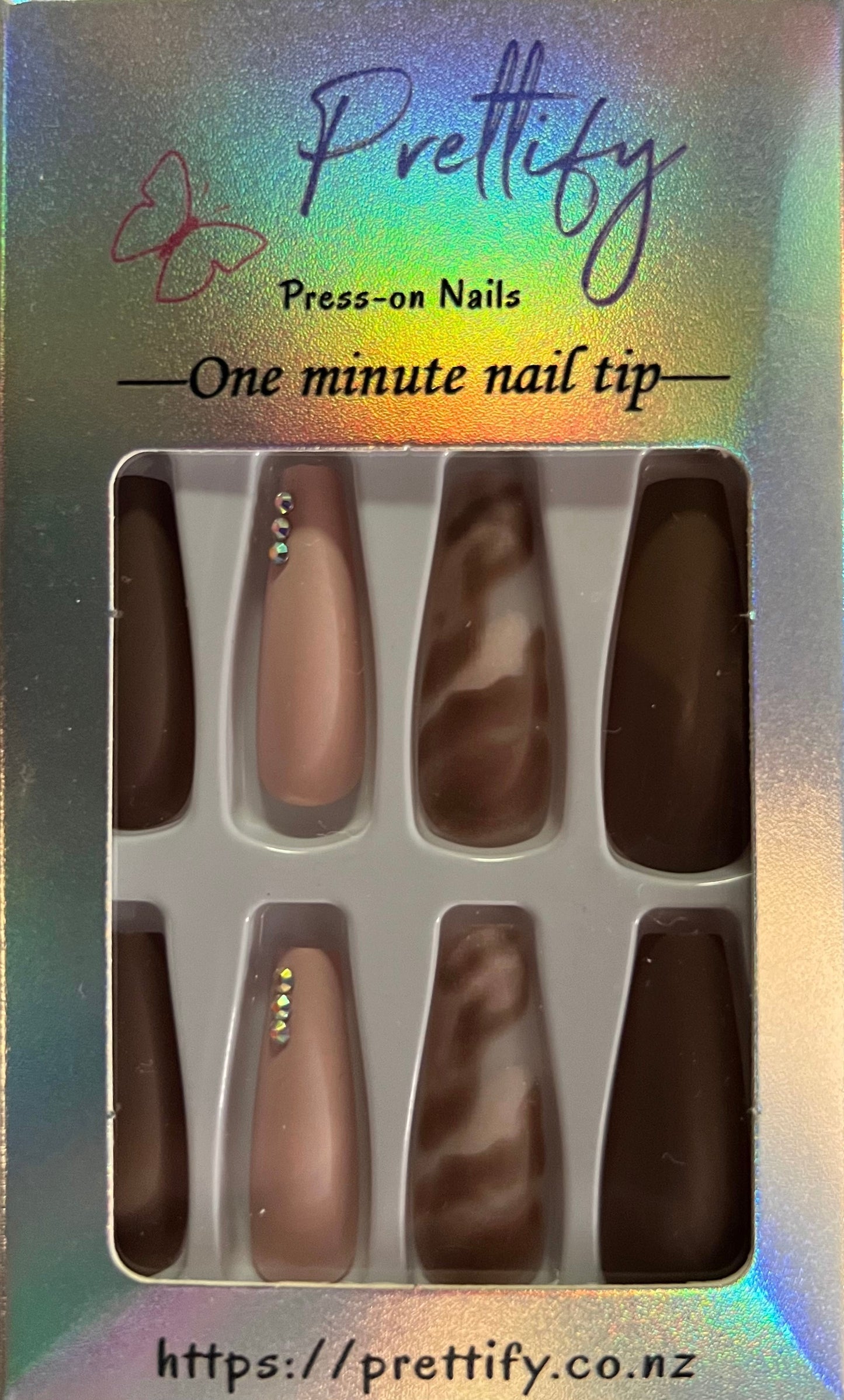 Cocoa, Pink & Marble with Jewels - Coffin Press on Nails. 24pcs.
