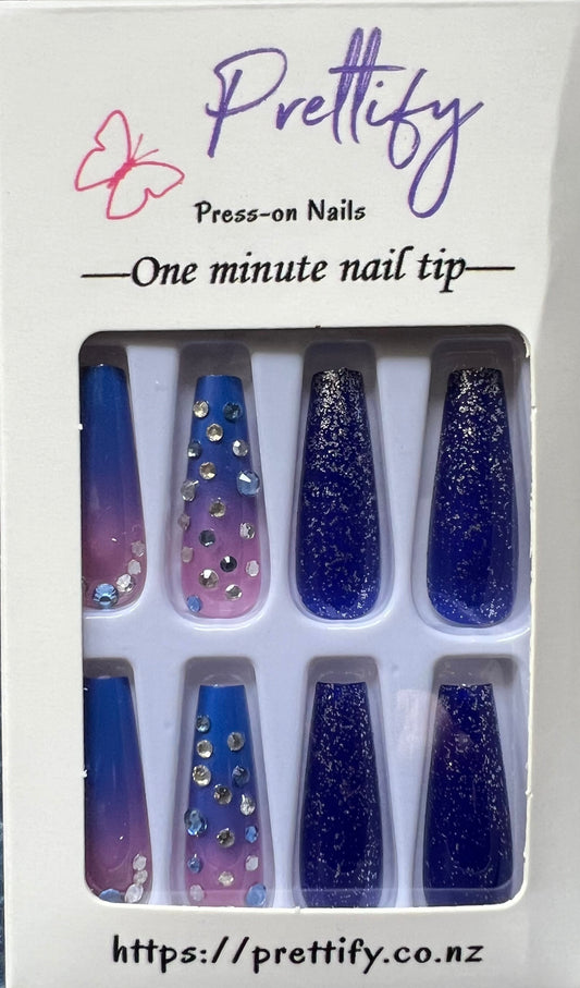 Blue Ombre, Glitter & Jewel - Coffin Press on Nails #2996
