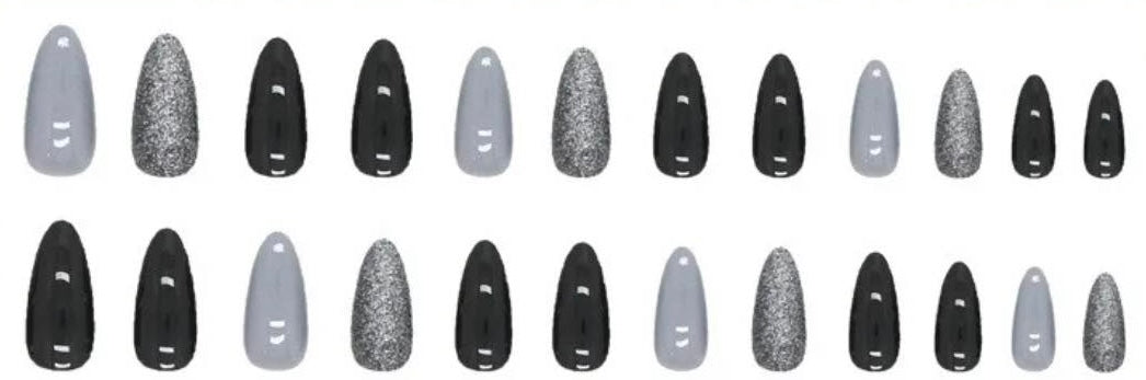 Grey, Black & Silver Glitter Almond Shape Press on Nails