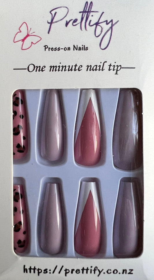 Long Coffin Press on Nails. Pink, Mauve & Leopard Print. Easy and quick to apply. Great for those special occasions, parties or add an edge to any outfit. Gorgeous, flattering and you can re-use them again and again.