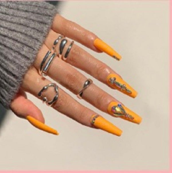 Long Coffin Press on Nails. Orange with Jewels. Easy and quick to apply. Great for those special occasions, parties or add an edge to any outfit. Gorgeous, flattering and you can re-use them again and again.