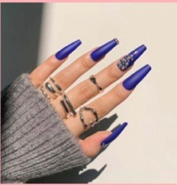 Long Coffin Press on Nails. Dark Blue with Jewels. Durable Acrylic Press on Nails. Easy and quick to apply. Great for those special occasions, parties or add an edge to any outfit. Gorgeous, flattering and you can re-use them again and again.