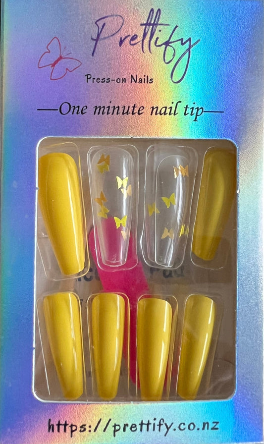 Butterflies - Yellow - Coffin Press on Nails  #8888