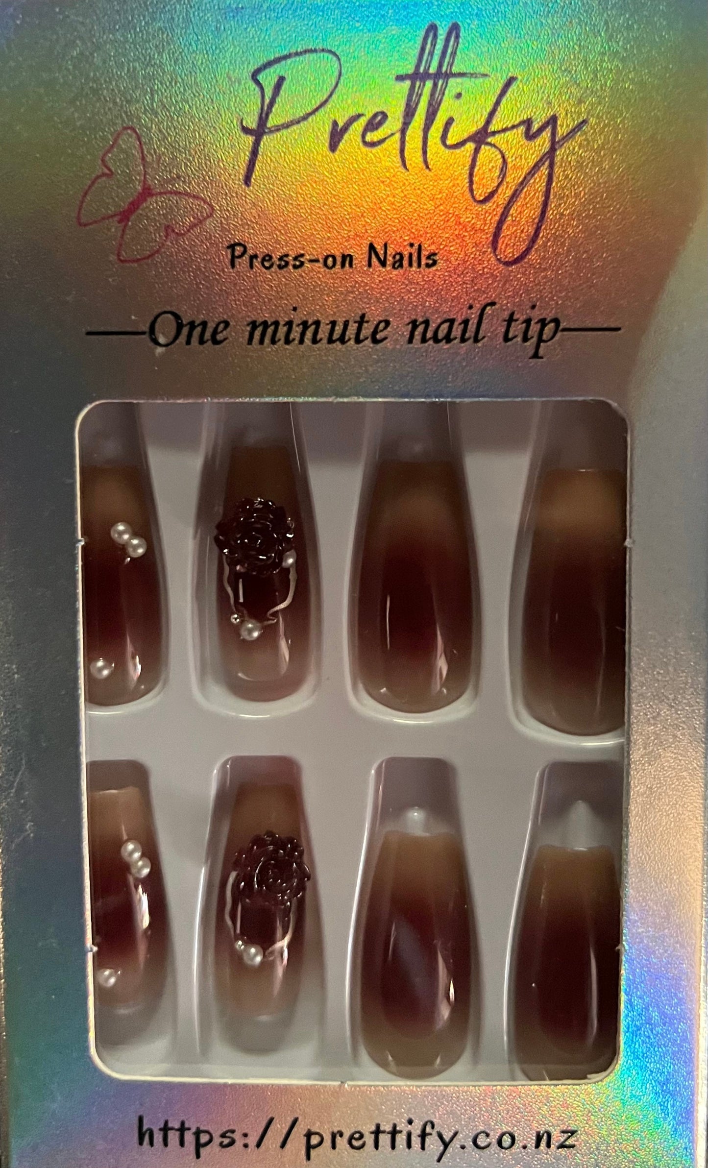 Deep Plum, Clear Tips with Jewels, Butteflies & Flowers - Coffin Press on Nails #Z605