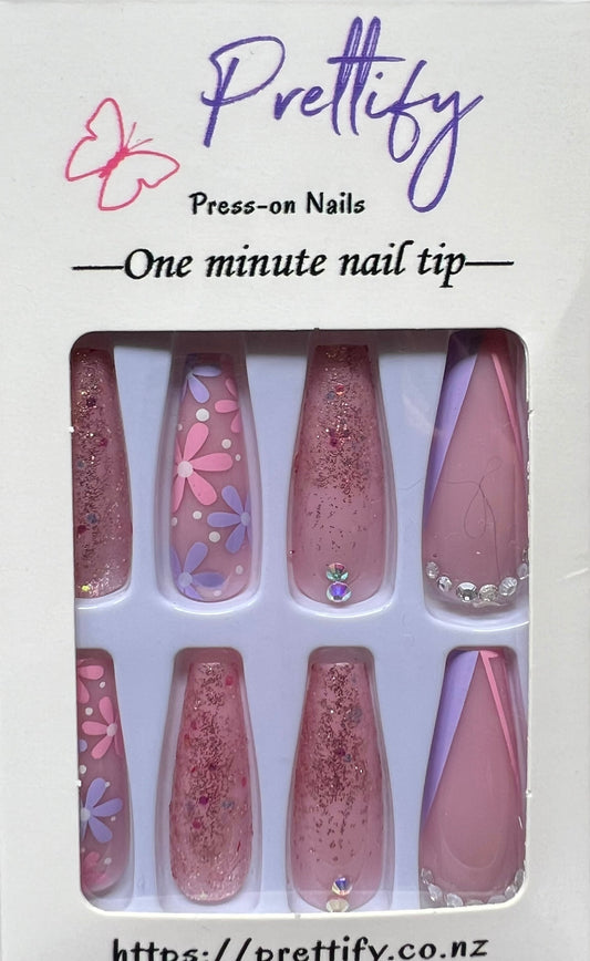 Pink & Lilac with Flowers & Jewels - Coffin Press on Nails #Z418