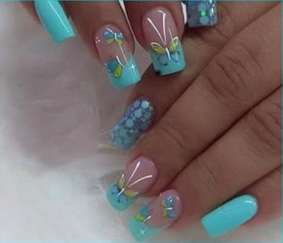 Turquoise & Green with Butterflies - Square Press on Nails #W508