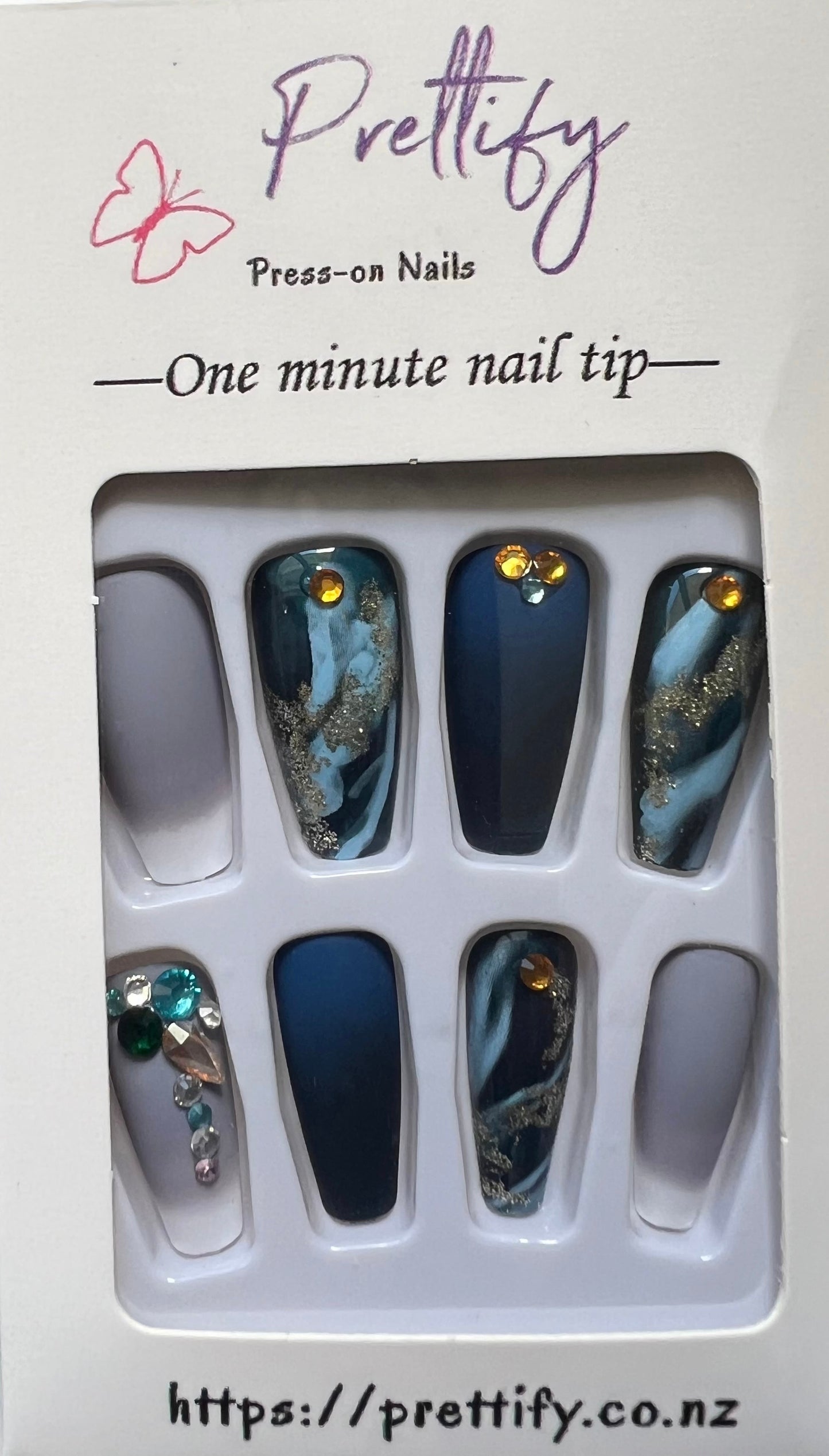 Dark Blue & Pale Blue with Gold Glitter & Grey with White Tips & Jewels - Coffin Press on Nails #BKS1519