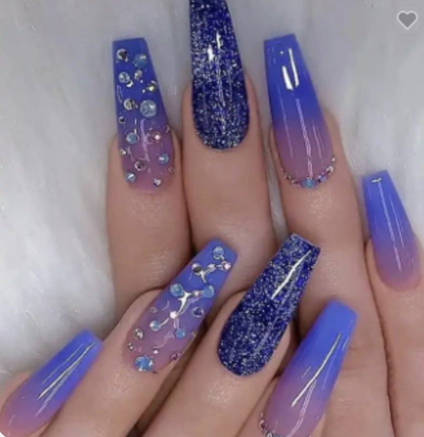 Long Coffin Press on Nails. Blue Ombre, Glitter & Jewel. Durable Acrylic Press on Nails. Easy and quick to apply. Great for those special occasions, parties or add an edge to any outfit. Gorgeous, flattering and you can re-use them again and again.