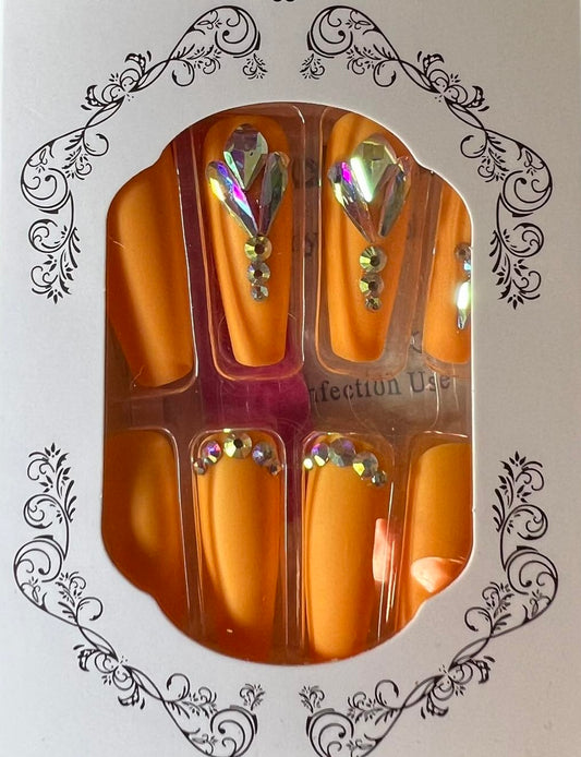 Orange with Jewels - Coffin Press on Nails #1313
