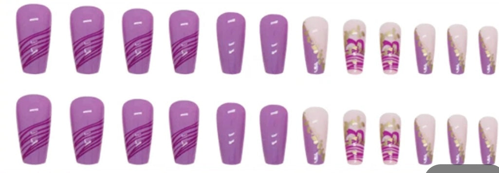 Purple & Pale Pink with Gold & Dark Pink Stripes  - Coffin Press on Nails #W736