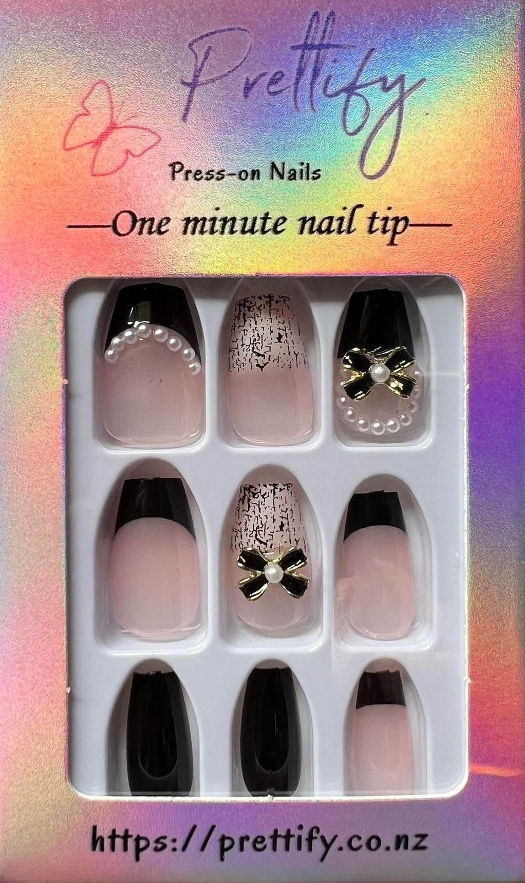 Pale Pink, Black & Pink with Black Tips & White Pearls & Bows - Coffin Press on Nails #W331
