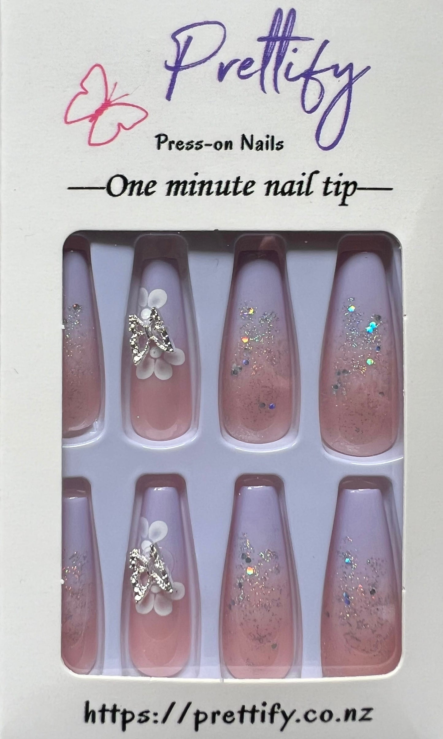 Lilac & Pale Pink with Glitter, Silver 3D Butterflies & White Flowers - Coffin Press on Nails #640